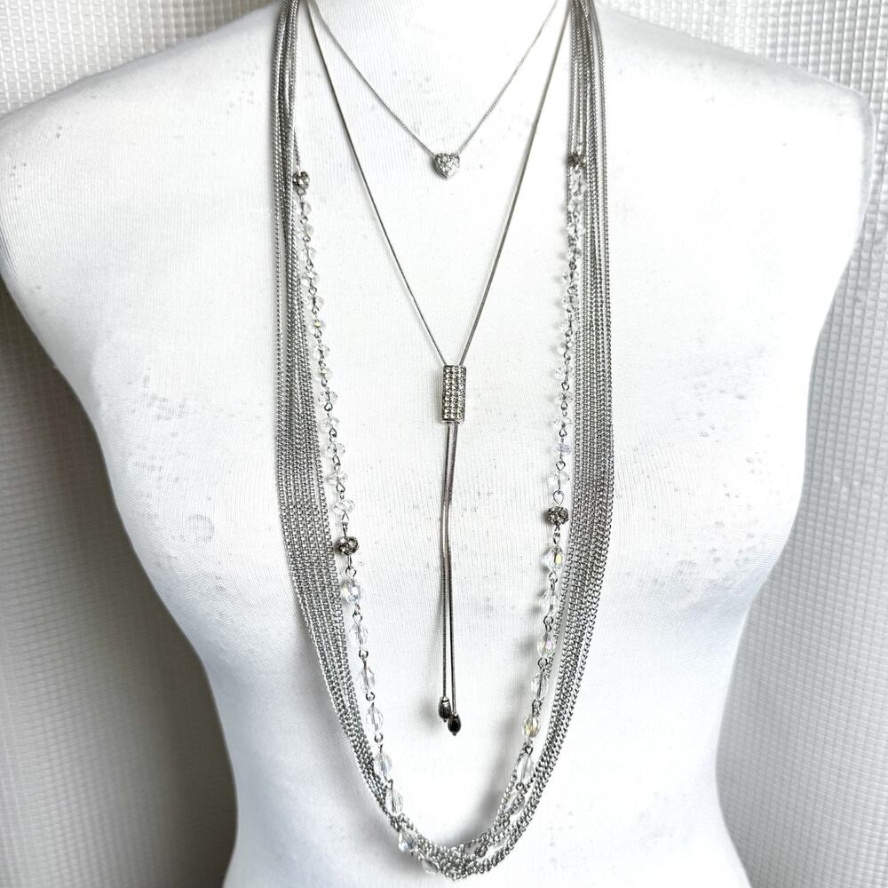 3 Necklace Stack Silver Tone Long Heart Rhinestone Stations Lariat Multi Chain